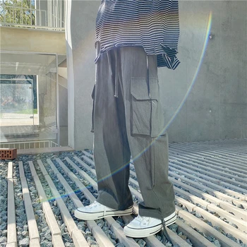 Medvilnės, Lino Kelnės vyriškos Mados Retro Kišenėje Atsitiktinis Kelnės Vyrams Streetwear Prarasti Hip-hop Tiesiai Plataus koja Pants Mens Kelnės