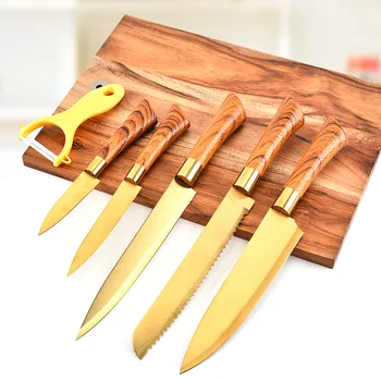 6pcs virtuvės peilių rinkinys daržovių skustukas chef peilis drožyba, skutimo peilis medienos grūdų rankena peilis virtuvės įrankių rinkinys