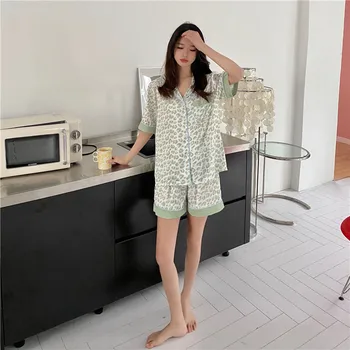 Trumpas rankovės vasaros sleepwear 2 dalių rinkinys moterims pajama rinkinys leopardas minkštas namų kombinezonas šortai pižamos kišenės atsitiktinis moterų nustatyti Y458