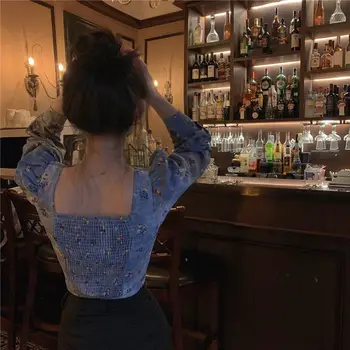 Moterų Marškinėliai Karšto Pardavimo Sluoksniuotos Rankovėmis Aikštėje Apykaklės Spausdinimo Slim Prancūzijos Elegantiškas Mados Atsitiktinis Moterų Kaubojus Trumpos Palaidinės, Topai