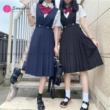 Japonų Mergaitė Ilgai Plisuotos Suknelė Vasaros Moterų Berankovis Pinafore Suknelė JK Aukštosios Mokyklos Uniformos Vienodos Klasės Studentai