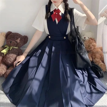 Japonų Mergaitė Ilgai Plisuotos Suknelė Vasaros Moterų Berankovis Pinafore Suknelė JK Aukštosios Mokyklos Uniformos Vienodos Klasės Studentai