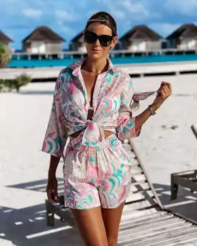 2021 Vasaros Naują Laisvalaikio Patogi Spausdinimo ilgomis Rankovėmis Marškinėliai + Šortai Moterų Paplūdimio Stiliaus Kostiumas apsaugos nuo Saulės Drabužius 2020 m.