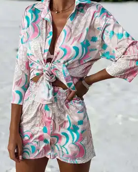 2021 Vasaros Naują Laisvalaikio Patogi Spausdinimo ilgomis Rankovėmis Marškinėliai + Šortai Moterų Paplūdimio Stiliaus Kostiumas apsaugos nuo Saulės Drabužius 2020 m.