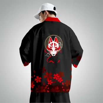 Plius Dydis XS-6XL Black Fox Spausdinimo Japonų Stiliaus Mados Kimono Ir Ziajać Nustatyti Vyrų Cardigan Palaidinė Haori Obi Azijos Drabužiai
