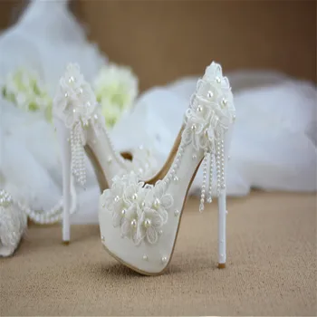Bridesmaid, batai vestuvių suknelė balta nėrinių saldus gėlių kutas moterų moteriški batai 6cm 8cm 11cm 14cm aukšto kulno Didelis dydis 43