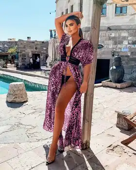 Šifono Leopard Beach Suknelė Spausdinti Coverup Maudymosi Kostiumėliai Paplūdimio Cover Up Caftan Dress Vasaros Paplūdimio Tuščiaviduriai Iš Maudymosi Kostiumėlį Padengti Iki