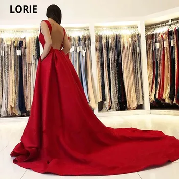 LORIE-line Raudona Samtelis Vakare Suknelės 2021 Rūbeliai De Soirée Backless Teismas Traukinio Aukštos Kokybės Satino Plisuotos Prom Šalies Chalatai