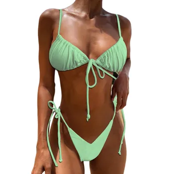Moterų Sexy Sriegis Plisuotos Nėrinių Bikinis Nustatyti vientisos Spalvos maudymosi kostiumėlį Paplūdimio Drabužiai Slim Plisuotos Diržas Liemenėlė+nėriniai-up Elastinės Kelnaitės