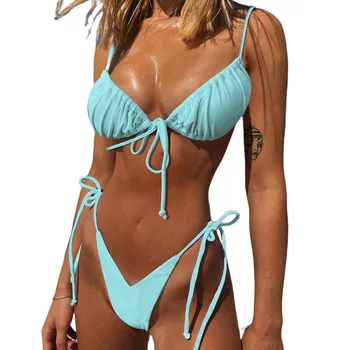 Moterų Sexy Sriegis Plisuotos Nėrinių Bikinis Nustatyti vientisos Spalvos maudymosi kostiumėlį Paplūdimio Drabužiai Slim Plisuotos Diržas Liemenėlė+nėriniai-up Elastinės Kelnaitės