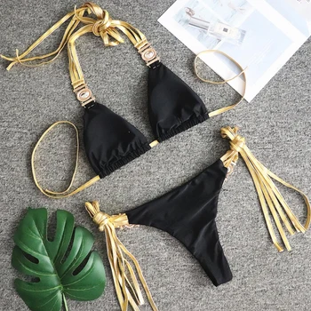 Vasaros 2021 moteriški Drabužiai Ponios Bikini maudymosi kostiumėlį Moteris Aukso Kutas Krištolo ir Deimantų Apdailos Seksualus Backless Paplūdimio Suknelės