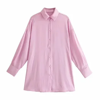 TRAF Za Satino Negabaritinių Marškinėliai Moterims 2021 Rožinė Mygtuką Iki Marškinėliai Moteris ilgomis Rankovėmis Vasaros Palaidinė Moteriška Prarasti Atsitiktinis Ponios Viršūnės