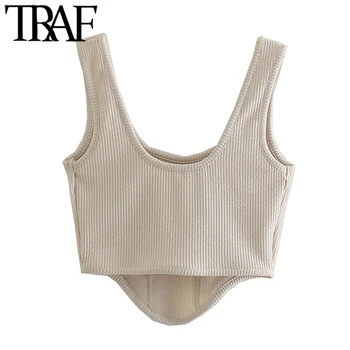 TRAF Moterų Mados Įrengtas Slim Asimetrija Briaunoti Megztiniai tankų Derliaus Backless Platus Dirželiai Moterų Camis Mujer