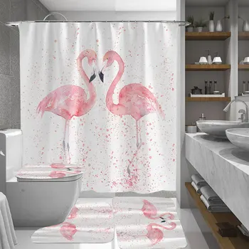 4pcs/set 3D Flamingo Vandeniui Dušo Užuolaidų Komplektas Miltligė įrodymas, Non-slip 3pcs Tualeto Dangčio Vonios Kilimėlis Vonios kambarys Dekoro su 12 Kabliukų