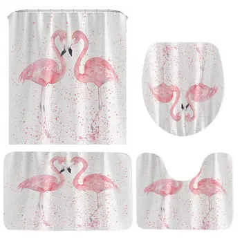 4pcs/set 3D Flamingo Vandeniui Dušo Užuolaidų Komplektas Miltligė įrodymas, Non-slip 3pcs Tualeto Dangčio Vonios Kilimėlis Vonios kambarys Dekoro su 12 Kabliukų