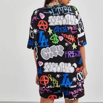 Punk Grafiti Raštas Spausdinti Nišą Dizainas 2 Dalių Rinkinys Moterims Negabaritinių T Marškinėliai+Šortai Prarasti Sportiniai Kostiumai Kostiumas Rinkiniai, Laisvalaikio Streetwear