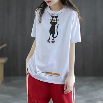 S11245 Vasaros T-Shirt Moterims, Atsitiktinis Korėjos Stiliaus Animaciją Kačių Raštą, Marginimą O-Kaklo Pusė Rankovės Prarasti Viršuje Retro Multi-Color Tees