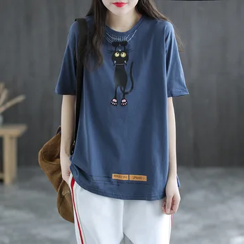 S11245 Vasaros T-Shirt Moterims, Atsitiktinis Korėjos Stiliaus Animaciją Kačių Raštą, Marginimą O-Kaklo Pusė Rankovės Prarasti Viršuje Retro Multi-Color Tees