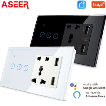 ASEER Tuya/Ewelink WiFi Universalus Lizdas su USB Smart Switch 1-2-3 Gauja Sienos Touch Šviesos Jungiklis Dirbti su Alexa 