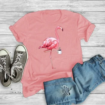 Plus Size Flamingo Kavos Spausdinti Marškinėliai Moterims Trumpomis Rankovėmis O Kaklo Laisvus Marškinėlius 2021 M. Vasarą Moterys, Marškinėliai, Topai Camisetas Mujer
