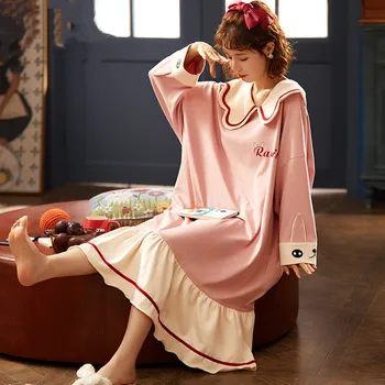 2021 m. Pavasario ir Vasaros Nightdress Moterų ilgomis rankovėmis Grynos Medvilnės Mielas Princesė Stilius Sleepwear Vidutinio ilgio Miega Suknelė