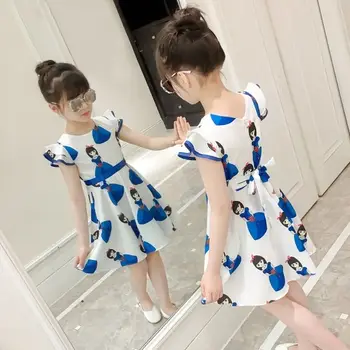 2020 Bamblys Baby Girl Vasaros Suknelė Paaugliams Trumpas rankovėmis Kelio ilgis Suknelės, Atsitiktinis, Gražus Mokyklos Stiliaus Grupė Gimtadienio Drabužiai