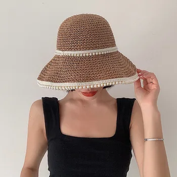 Pavėsyje, Skrybėlės Moterims Vasaros Šiaudų Saulės Kibiro Kepurę Mergina Už Kelionės Šiaudų Bžūp Atsitiktinis Paplūdimio Skrybėlę Panama Šiaudų Pearl priedai