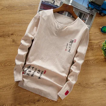 2021 Vyrų Pavasarį Medvilnės ir Lino marškinėliai Paaugliams ilgomis Rankovėmis Kinų Stiliaus Kinijos Simbolių Siuvinėjimo T-shirt