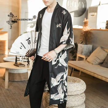 Japonų Kimono Vyrų Mados Atsitiktinis Ilgai Skyriuje Krano Spausdinti Kimonos Yukata Vyrų Kimono Megztinis Vyrams Cosplay Kostiumų Yukata Moterims