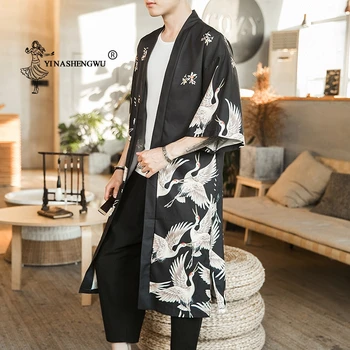 Japonų Kimono Vyrų Mados Atsitiktinis Ilgai Skyriuje Krano Spausdinti Kimonos Yukata Vyrų Kimono Megztinis Vyrams Cosplay Kostiumų Yukata Moterims