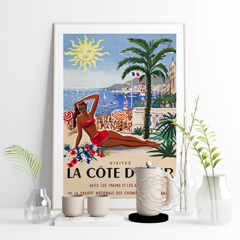 Prancūzijos Kelionių Miestas Reklama Retro Plakato, La Cote D ' Azur Dekoracijos Viešumo, Drobė, Tapyba, Grožio Paplūdimys, Saulė, Namų Dekoro