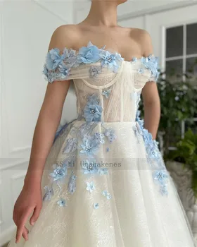 Dramblio kaulo Baby Blue 3D Gėlių Vestuvių Suknelės Senovinių Nėrinių Nuotakos Suknelė Chalatas de Mariage Korsetas Atgal Grindų Ilgis Gotikos Vestuvių Suknelė