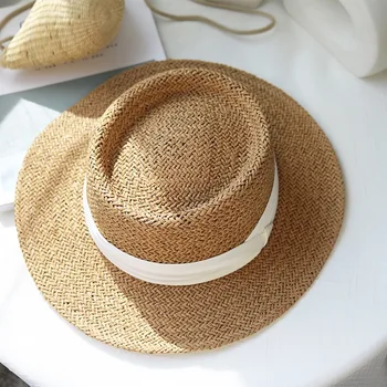 Rankų Moterų Panama Lauko Mados Saulės Šiaudų Skrybėlę Paplūdimio Kelionės Flat Top Įgaubtas Platus Kraštų Fedora Šiaudų Skrybėlę