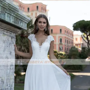 Elegantiškas Bohemijos Vestuvių Suknelės V Kaklo-Line Valymo Traukinio Taurės Rankovėmis Ir Nėrinių Vestuvinės Suknelės Vestido De Novia 2021