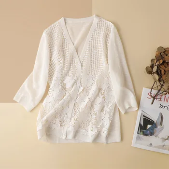 SHUCHAN Tuščiaviduriai Iš Vasaros Megztinis Moterims 85% Linas, Anglija Stiliaus Trijų Ketvirtį Rankovėmis Megztinis Plonas Megztas susagstomi megztiniai