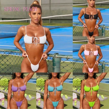 2021 Naujas Sexy Diržas Bikini Padalinta vientisos Spalvos maudymosi kostiumėlį Moterų G-string Micro Bikini Moterims maudymosi kostiumėlį Paplūdimio Drabužiai Dėvėti Vonia