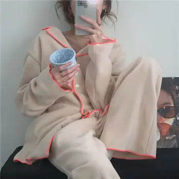 Moterų Pajama Komplektai Žiemos Flanelė Šilti Moteriški Sleepwear Paprasta, Elegantiška Kalytė Tinka Namų Prarasti Atsitiktinis Korėjos Mados Ins Ulzzang
