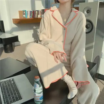 Moterų Pajama Komplektai Žiemos Flanelė Šilti Moteriški Sleepwear Paprasta, Elegantiška Kalytė Tinka Namų Prarasti Atsitiktinis Korėjos Mados Ins Ulzzang