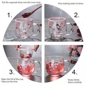 300ml Sakura Puodelis Stiklo puodelis Su Arbata Infuser Filtro ir Dangčio Vyšnių taurės nustatyti Žiedai, Gėlių Teacup Skaidrus, Atsparus Karščiui Akiniai