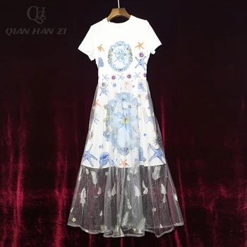 Qian Han Zi dizainerio mados vasaros suknelė Atsitiktinis spausdinimo kratinys Kristalų akių siuvinėjimo Ilga suknelė