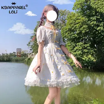 Vasaros Japanese Lolita Mergaičių Suknelės Kawaii Saldus Aikštėje Apykaklės Aukštos Juosmens Lankai Trumpas Rankovės Mažas 
